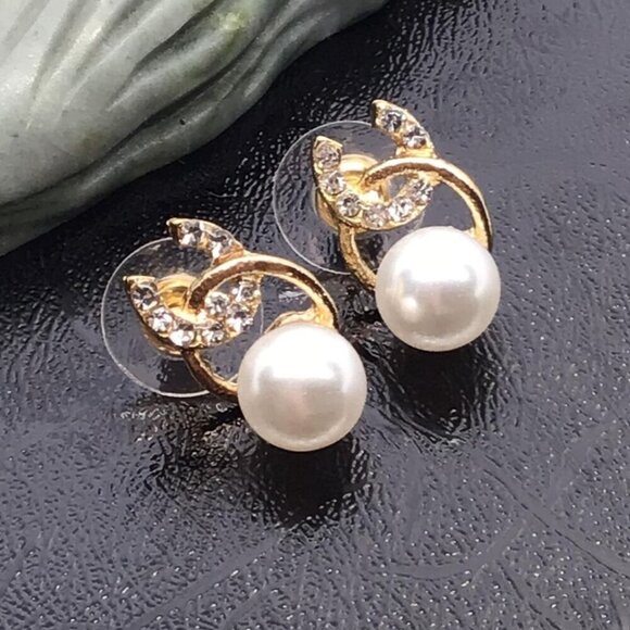 Gold & Silver 925 Pearl Stud Earrings With Rhinestone Accents - Picture 4 of 4